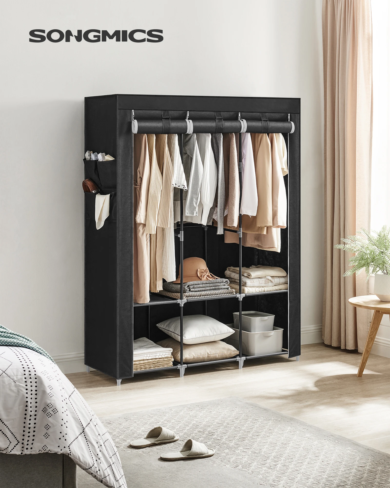 SONGMICS Clothes Wardrobe, Portable Closet with Cover, 130 x 45 x 167 cm, 3 Hanging Rails, Shelves, 4 Side Pockets