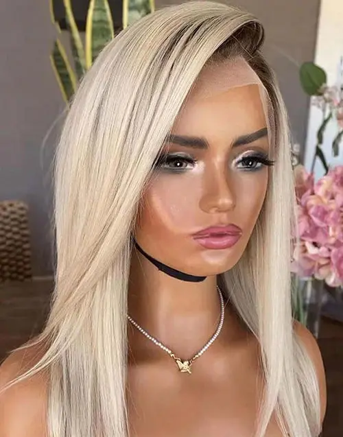 White Light Blonde Synthetic Lace Top Wigs For Women Shoulder Natural Straight Realistic Look Hairline Full Wigs With Dark Roots