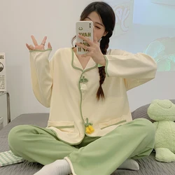 Cute Kawaii Women Pajamas Set Long Sleeves Long Pants Autumn Winter Button Cardigan Sleepwear Soft Pyjamas Cozy Pijamas Girl Pjs