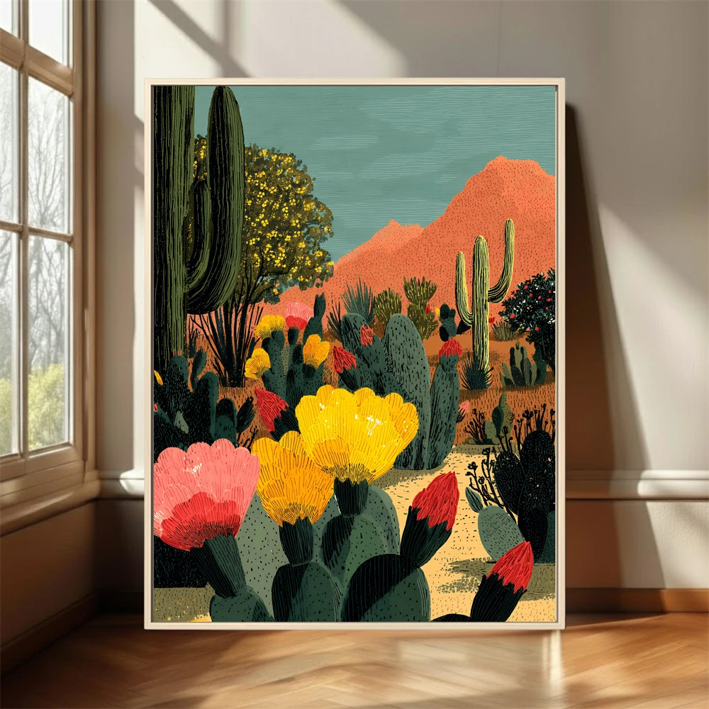 Opuntia Oil Painting Prickly Pear Cactus Flowers Poster Canvas Print Arizona Desert Cactus Floral Botanical Art Canvas Painting