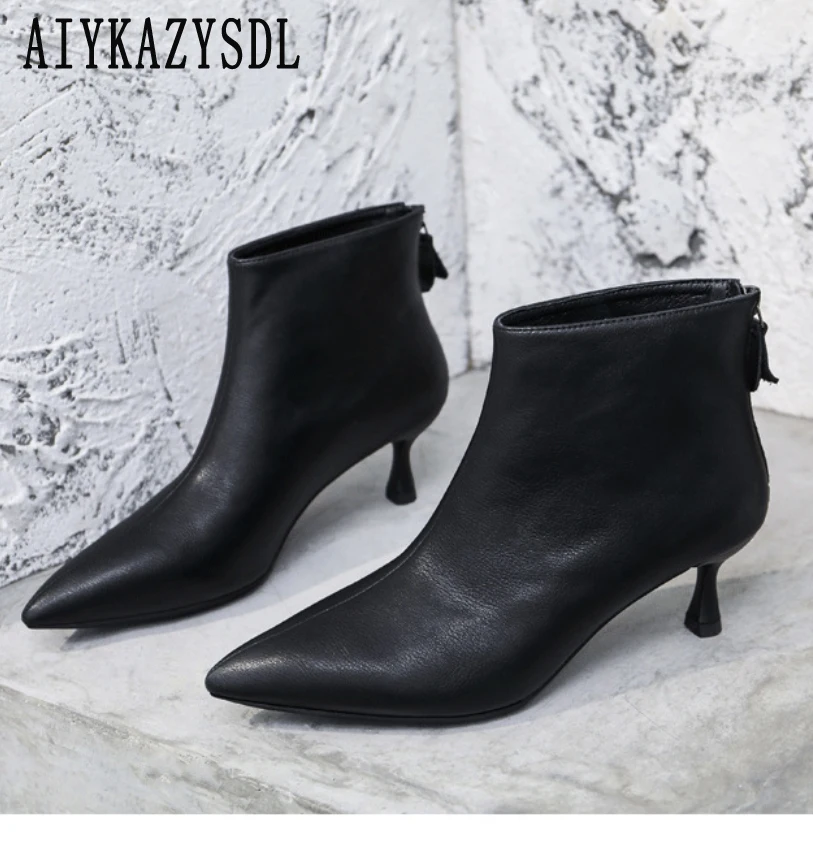 AIYKAZYSDL 2023 Autumn Winter Genuine Leather Ankle Boots  Low Kitten Heel Work Shoes Pointed Toe Office Lady Shoes Booties