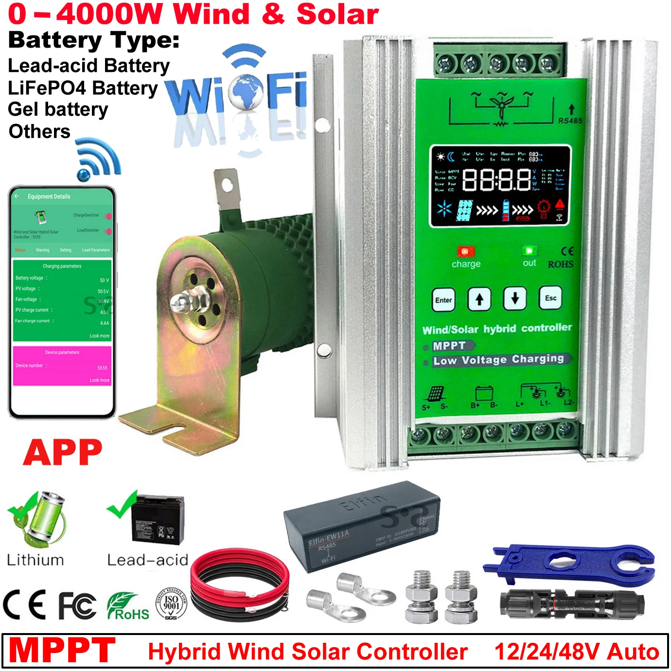 wi fi vento solar hibrido controlador de carga com equalizador 4000w 12v 24v 48v auto mppt para solar e vento bateria de litio 01