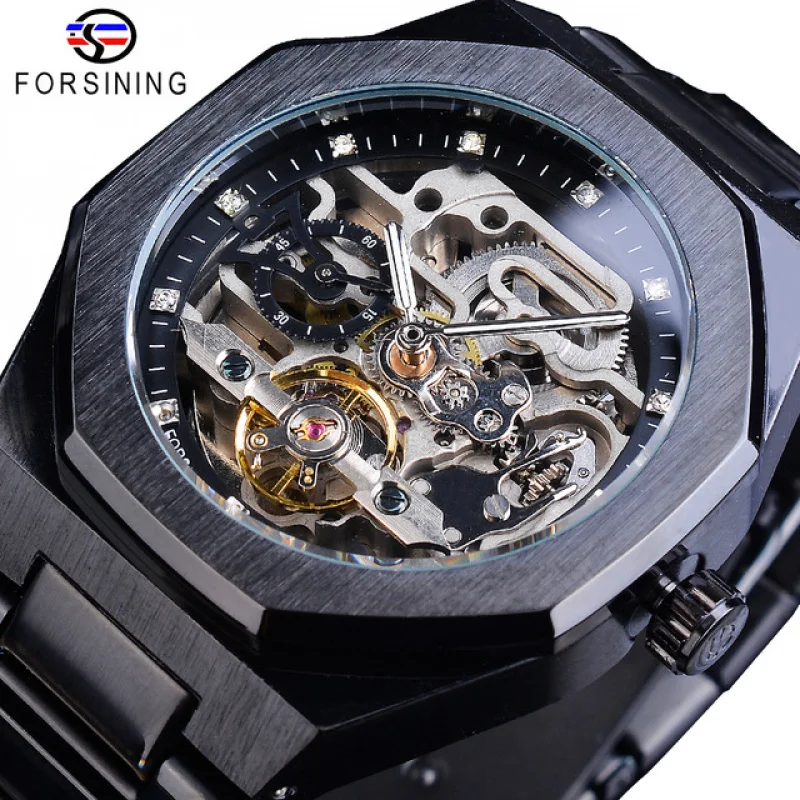 Montre-bracelet mécanique étanche pour homme, Tourbillon automatique, creux, noir, acier inoxydable, marque officielle, livraison gratuite