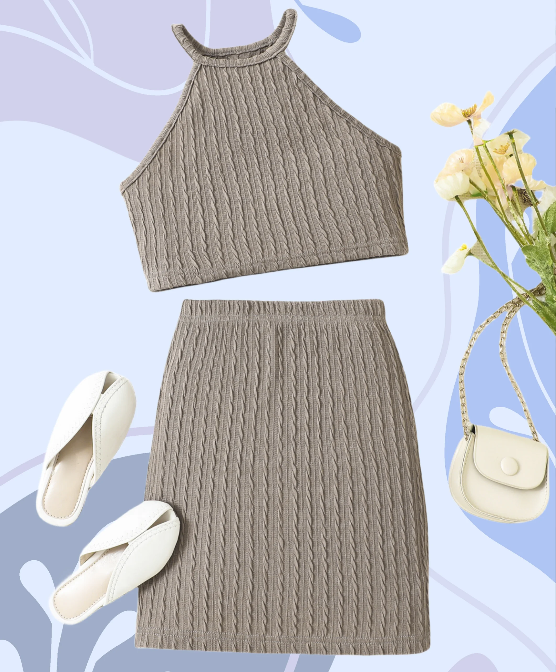 Unique fashion pure wind hollowed-out halter sleeveless vest top khaki twist flower slim skirt set summer girls two-piece set