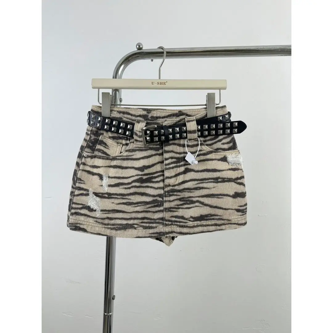Summer New High Street Zebra Pattern Denim Short Skirt with Holes A-shaped Skirt