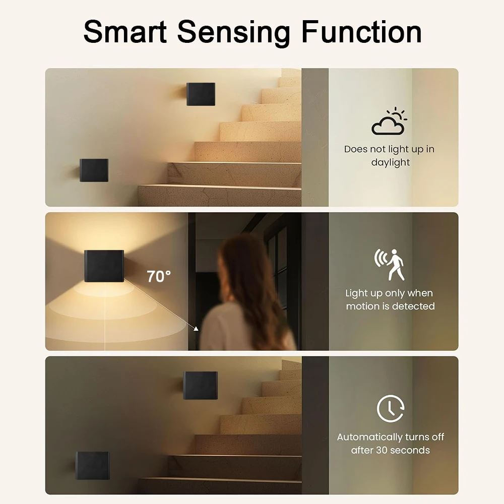 2 Stück Kabellose Würfel-LED-Wandleuchte mit Auf- und Abwärtslicht, Wiederaufladbar, PIR-Sensor, Stufenlose Dimmung, Magnetisches Nachtlicht für Flur und Veranda – Detail 3