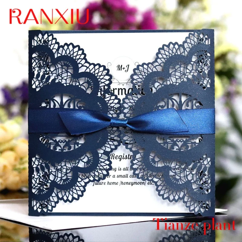 

Custom navy blue laser cut wedding invites embossed bridal shower invitation card wedding