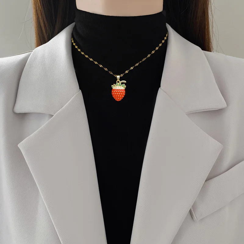 Sweet Cute Red Strawberry with Zircon Necklaces for Women Girls Stainless Steel Chain Fruit Jewelry Accessories Gifts for Lover