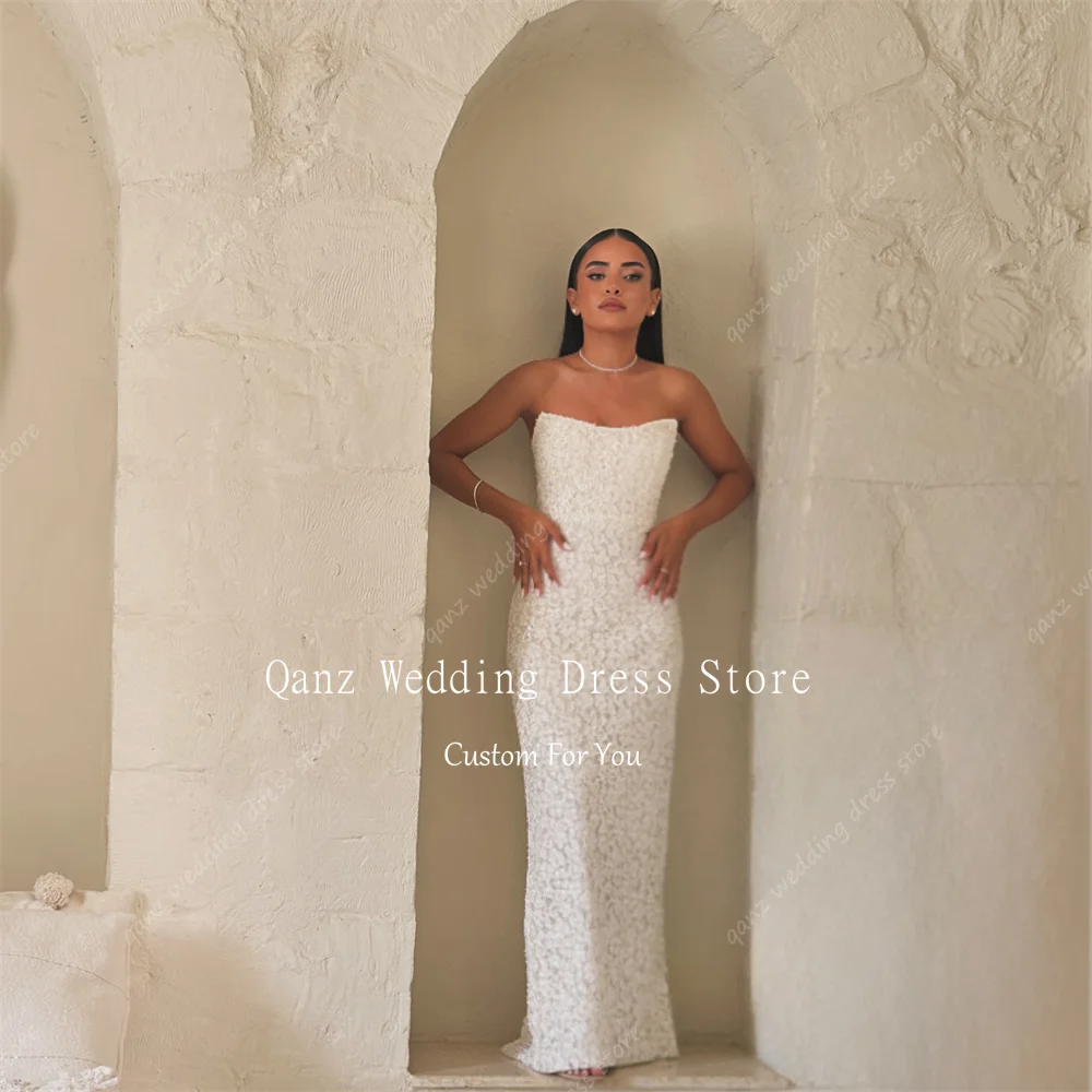 Qanz Sparkling Mermaid Wedding Dresses Strapless Lace Appliques Sleeveless Bridal Gowns Open Back Slit Robe De Mariée Customized