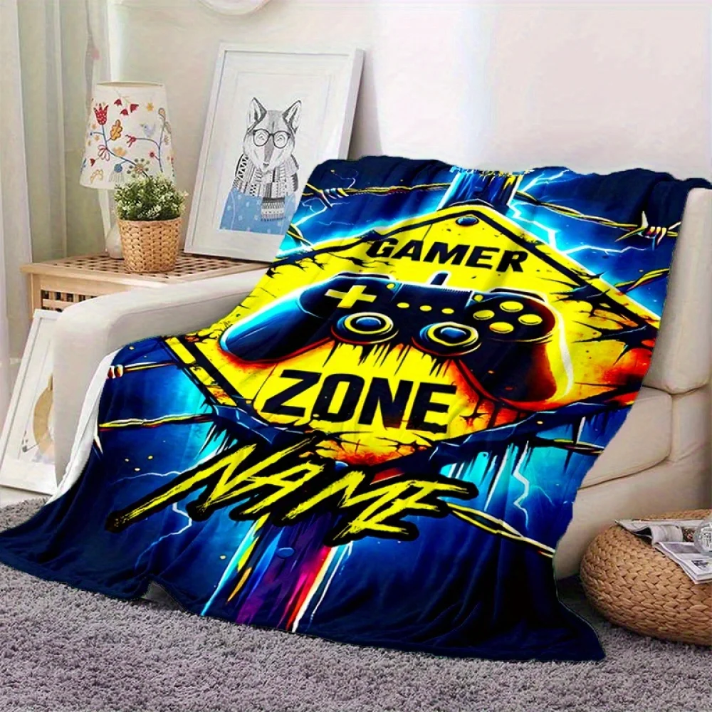 1pc Custom Gamer Blanket with Personalized Name Vibrant Neon-Colored Game Controller Design Soft Flannel for Bedroom Sofa Office