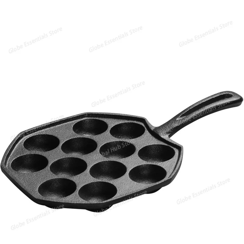 12 Hole Takoyaki Pan Wooden Handle Octopus Balls Fry Pan Cast Iron Mold Household Non-Stick Frying Pan Cookware Cooking Tool