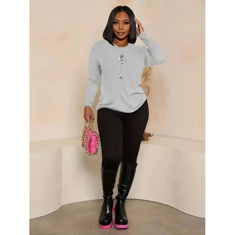 

Women's Creative Printed Casual Loose Round Neck Long Sleeve T-Shirt and Pants Two-Piece Set for Spring, Autumn and Winter