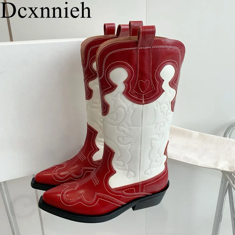 

Chunky Heel Thick Bottom Knee High Boots Women Pointed Toe Real Leather Mixed Color Long Booties Autumn Western Cowboy Boots