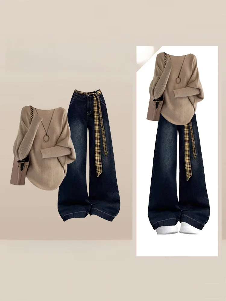 

Зимний вязаный свитер и комплект с широкими джинсами: модный и удобный двухкомпонентный набор с высокой талией, прямым кроем и длинным рукавом.