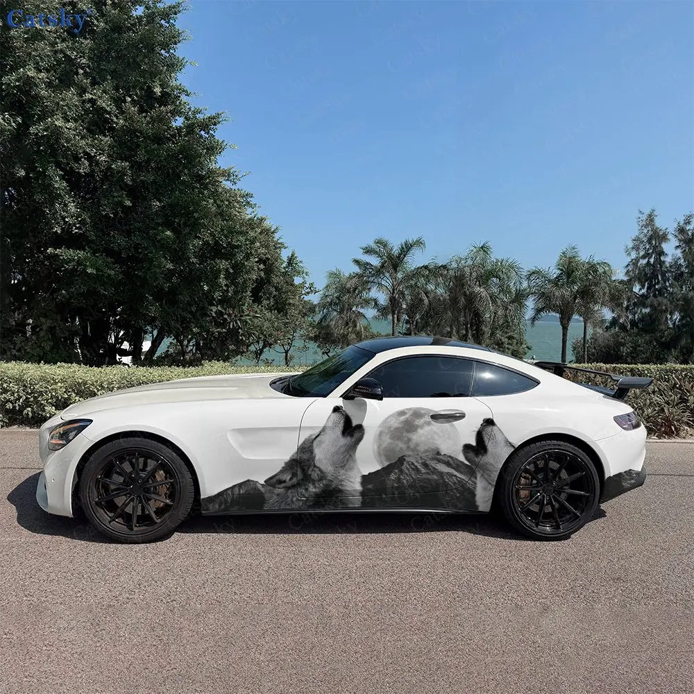 2pcs Mountain Moon Two Howling Wolves Car Side Wraps, Self-Adhesive PVC Waterproof & Scratch-Resistant Stickers, Car Accessory