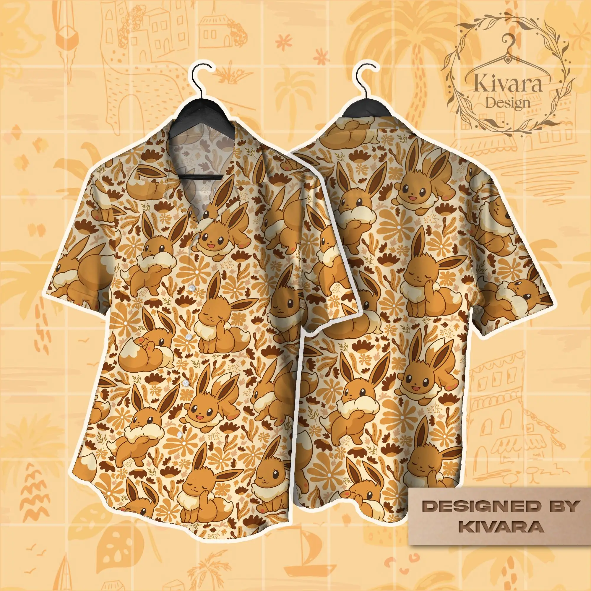 Eevee Hawaiian Shirt Pokémon Anime graphic T-shirt Summer Sports Leisure Men's T-Shirt Children's Clothing Tee Y2k Woman ﻿