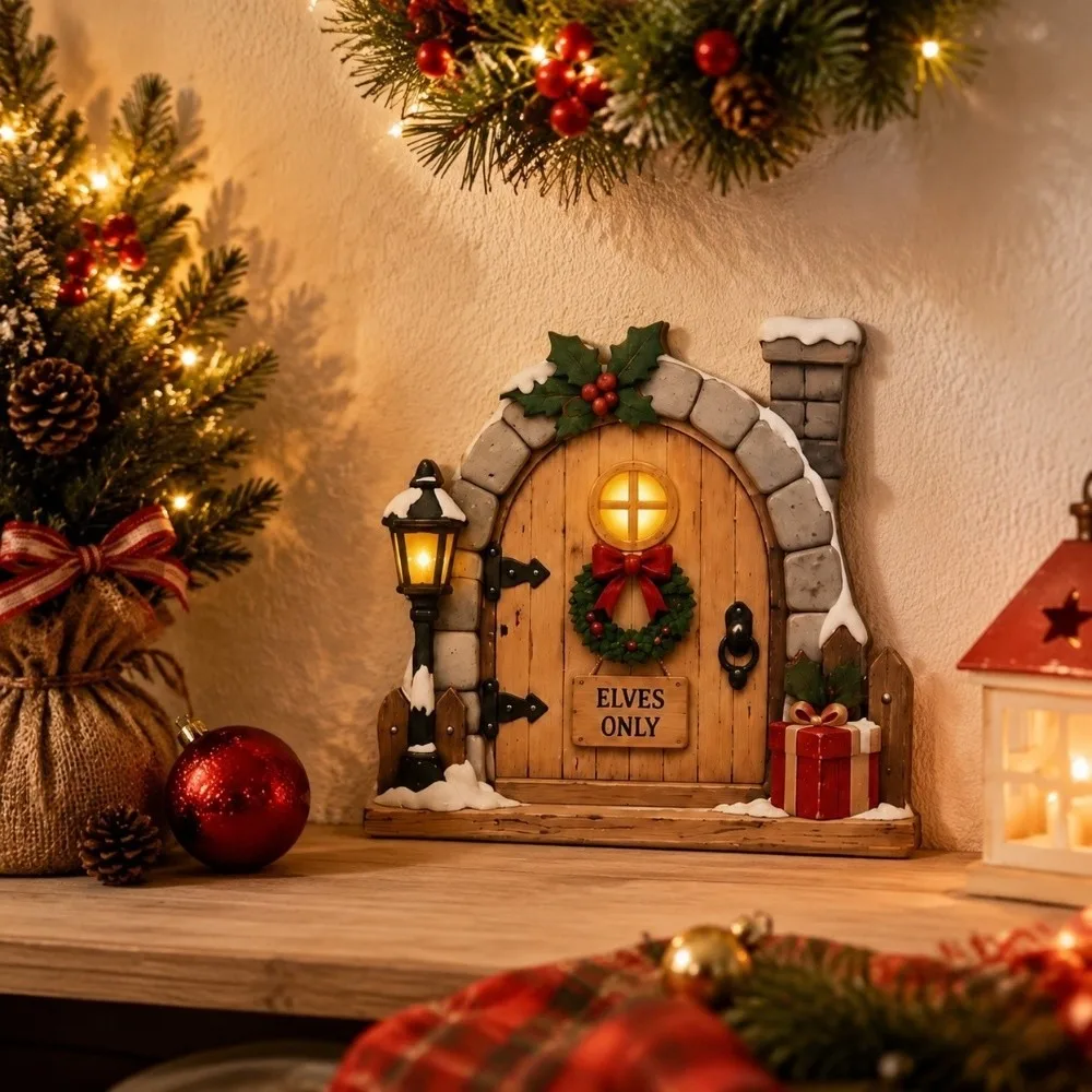 Natural Wood Christmas Miniature Door Miniature Size Vivid Colors Xmas Tree Sticker Adhesive Included Eco-friendly Material