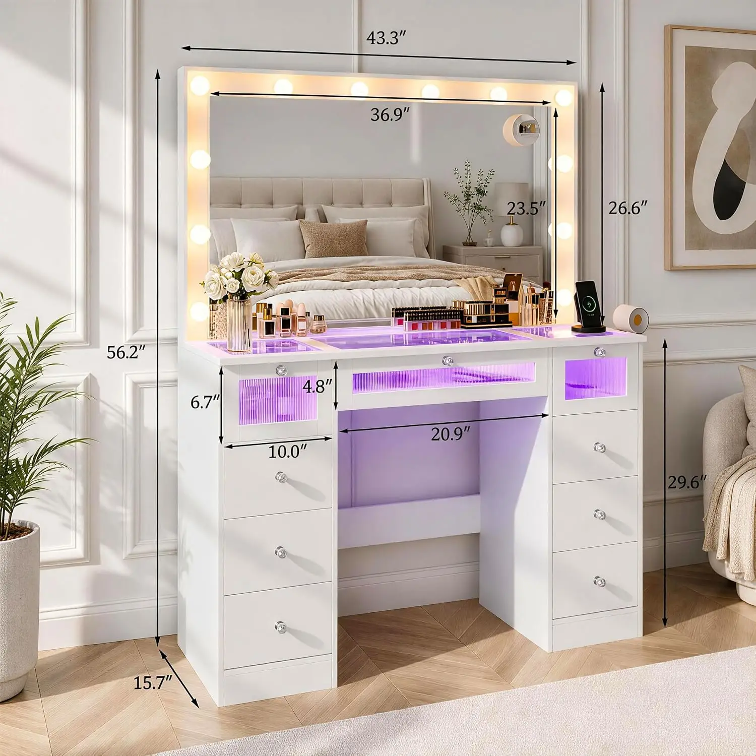 Makeup Vanity Desk with Lights, 9-Drawer Storage (6 Side + 3 RGB-Lit Acrylic), Tempered Glass Top, Hollywood Bulbs Mirror, Built-in Charging Station