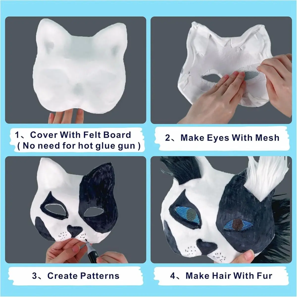 AA83 Therian Mask Masks with Fur & Eye Mesh and Felt Sheet 4PCS Furry Animal Mask to Paint Arts Crafts Gear Diy