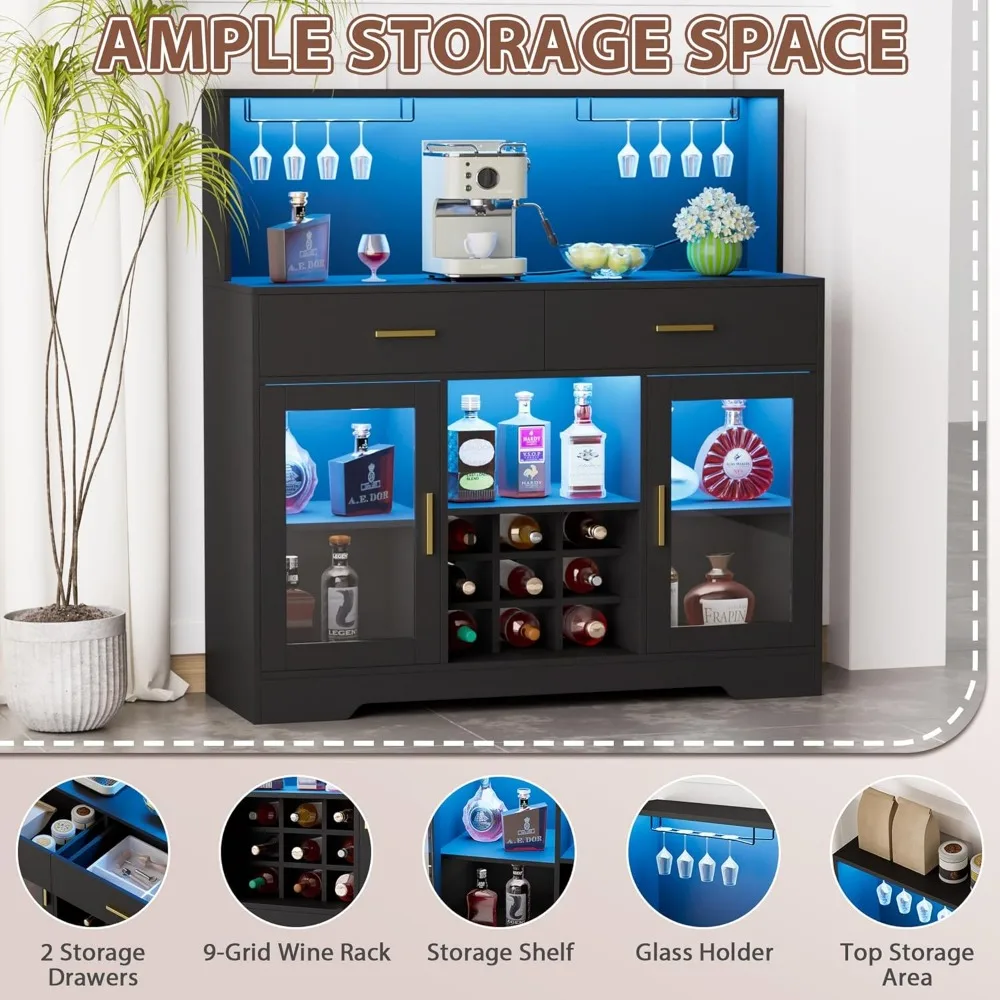 خزانة بار النبيذ مع ضوء LED، خزانة بار القهوة للمطبخ مع مخرج طاقة، خزائن المشروبات المنزلية مع حامل زجاجي ونبيذ R