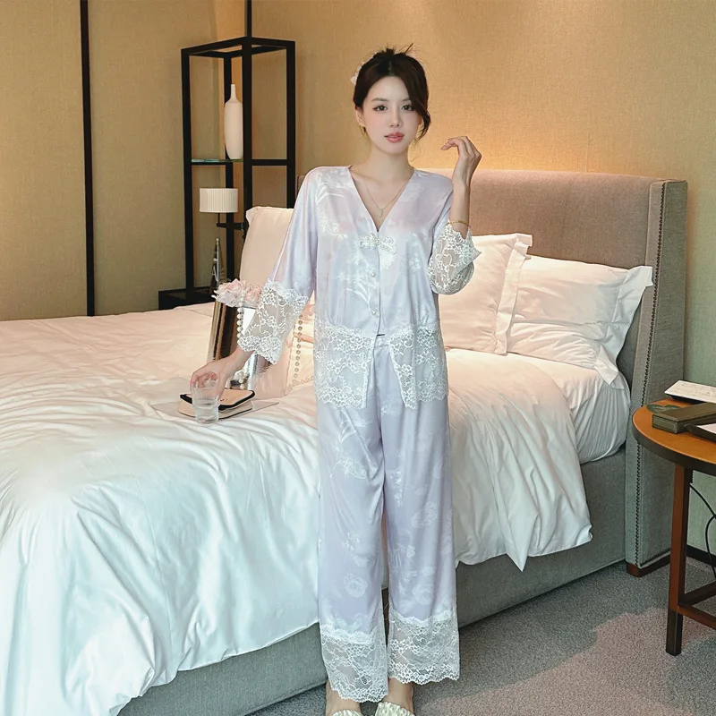 2024 Spring/Summer New Ice Silk Pajamas Thin Set Women Fashion Sexy Lace Splicing High Grade Elegant Home Clothes Can Be Outworn