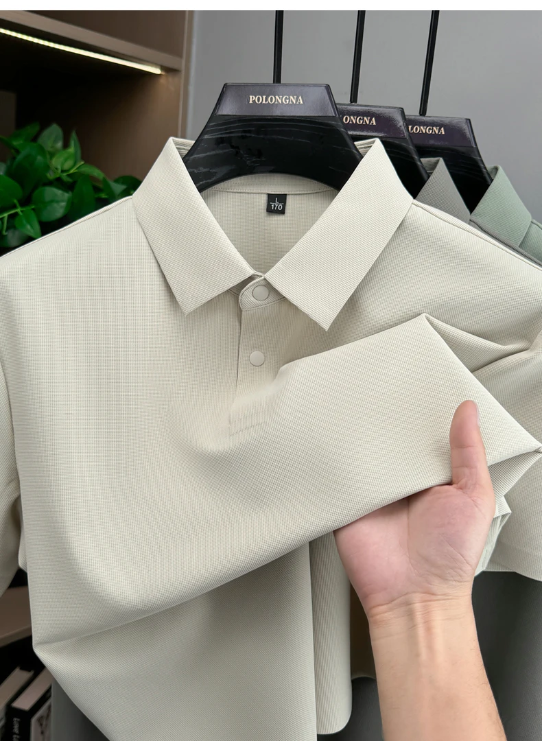 Modisches, einfarbiges Kurzarm-Poloshirt aus luxuriöser atmungsaktiver Eisseide für Herren Sommer Business Casual, bequem, vielseitig, T-Shirt – Detail 7