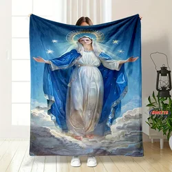 6 Size Merciful Virgin Mary Flannel Art Blanket, Home Sofa Office Nap Blanket for Four Seasons, Machine Washable Flannel Blanket