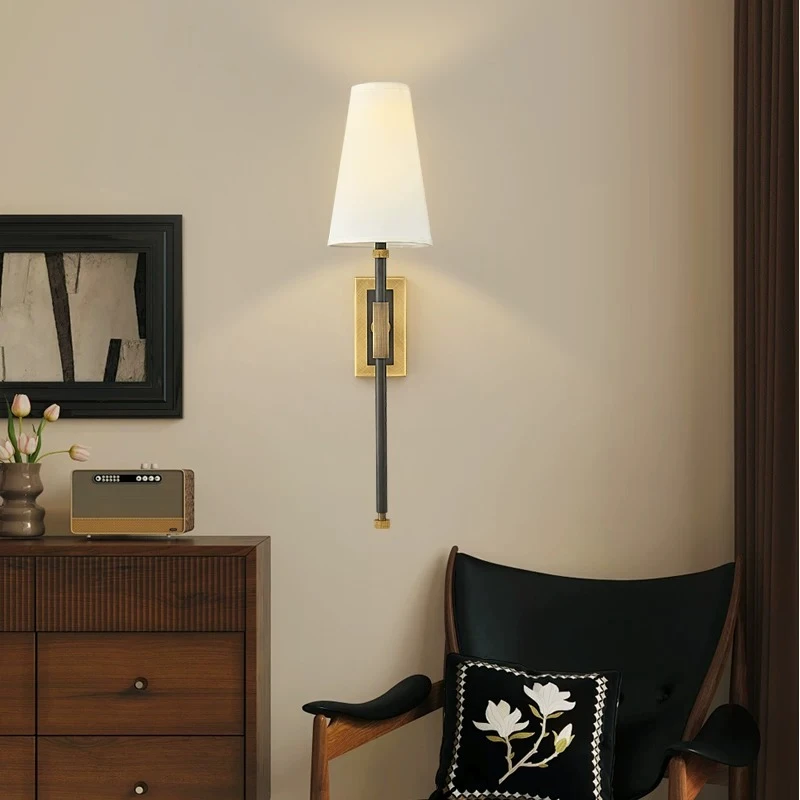 Copper American Retro Wall Lamp Fabric Lampshade LED Wall Sconces Living Room Bedroom Stairwell Retro