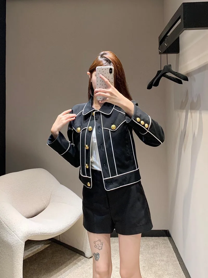 2024 Autumn Women's New Fashion Full Line Straight Jacket Designer Retro Color Border Collar Button Short Jacket