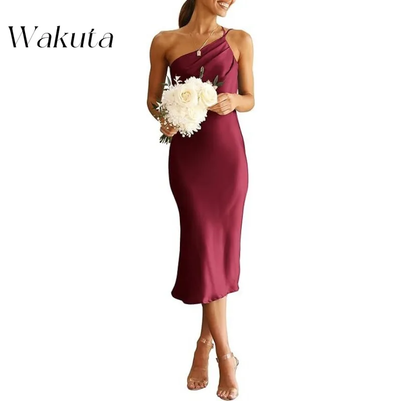 Wakuta American Vintage One Shoulder Bandage Solid Bridesmaid Dresses Sexy Tight Simulation Silk Cocktail Banquet Evening Gowns