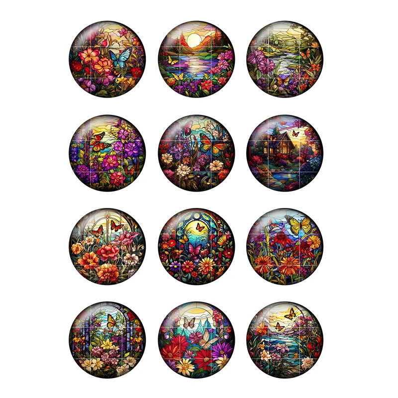 24pcs/lot Colorful Flower Butterfly Landscape Pattern 8mm-25mm Round Photo Glass Cabochon Demo Flat Back Making Findings H320