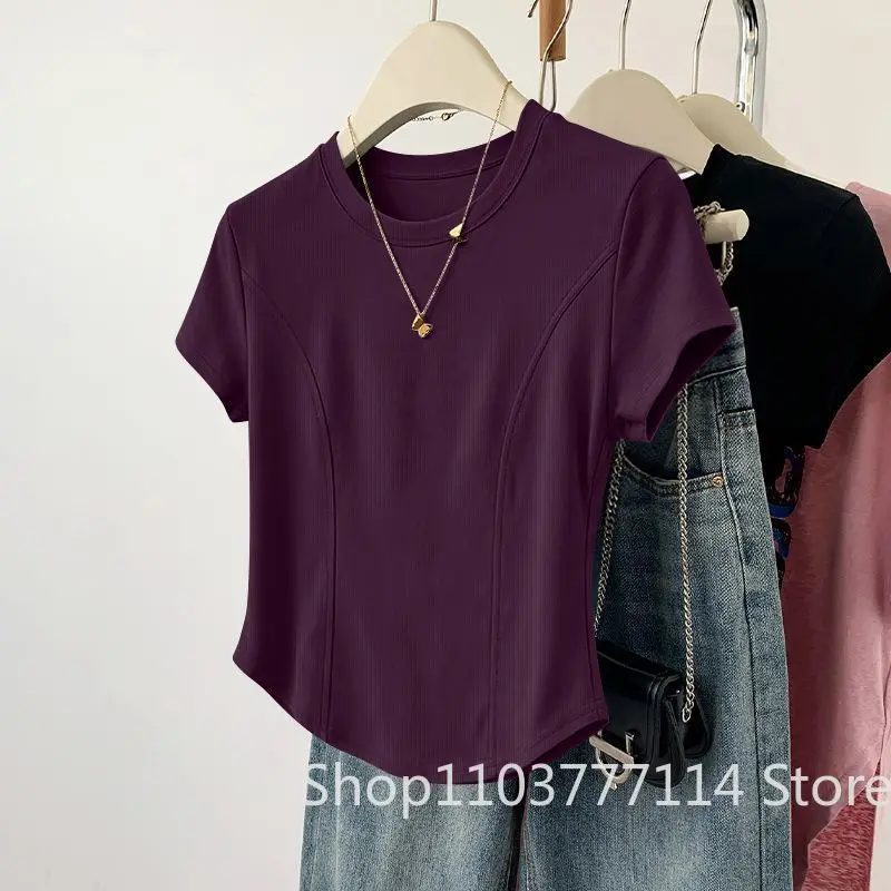 Damen Sommer Kurzarm-Oberteil für Mode, Vielseitiges Basis-Shirt, Hochwertiges Rundhals-T-Shirt, Lässig und Atmungsaktiv und Kühl – Detail 8