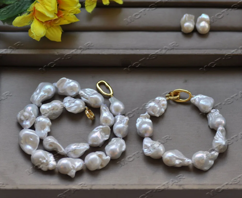 Z12722 Set 26mm White Baroque Drop Reborn KESHI Pearl Necklace Bracelet Earring