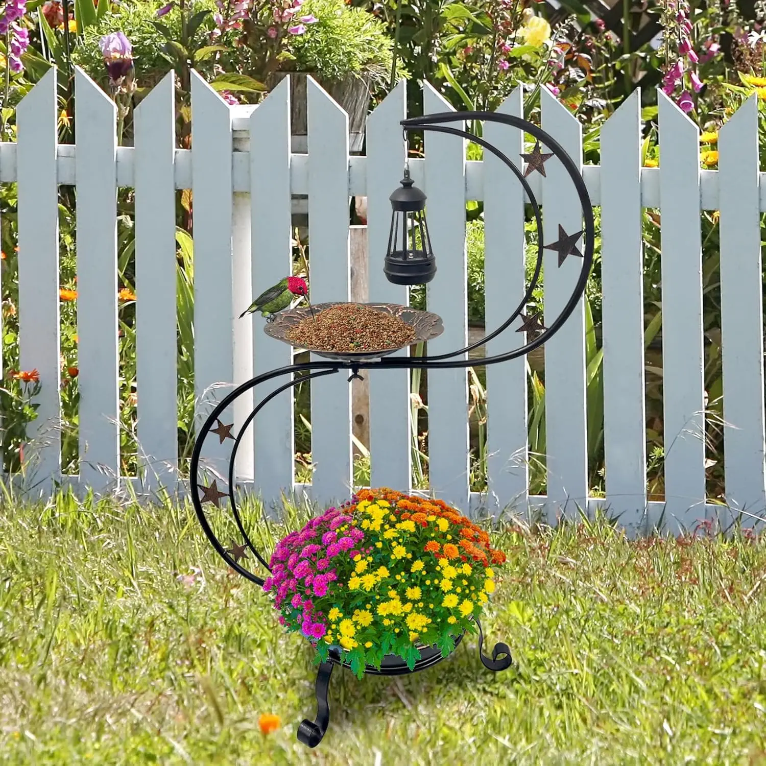 Solar-Powered Vintage Metal Bird Bath with Flower Planter for Garden Yard Decor