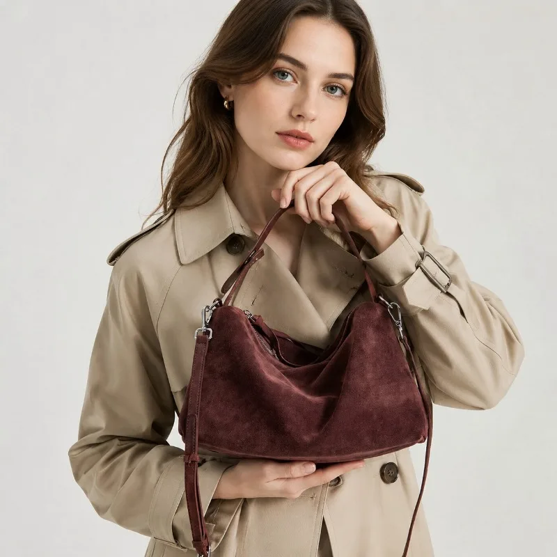 

100% Genuine Suede Leather Women Hobo Bag Large Capacity Soft Shoulder Bag Ladies Casual Tote Bag For Work Commute Daily Use