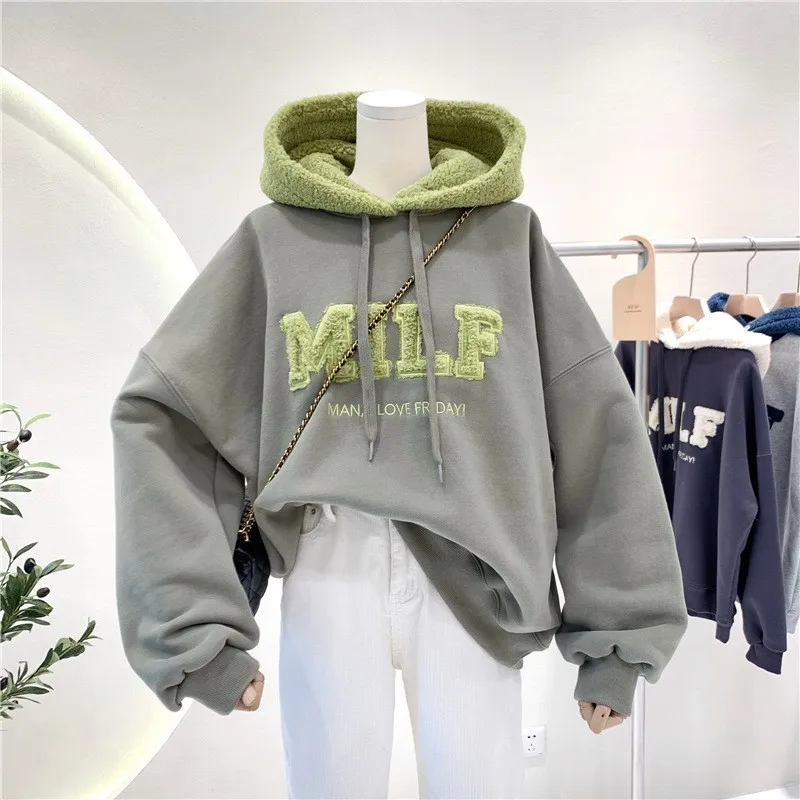 Women Loose Fashion Autumn Letter Splicing Lamb Hoodies Sweatshirt Casual Cotton Thick Long Sleeve Female Pullover Streetwear