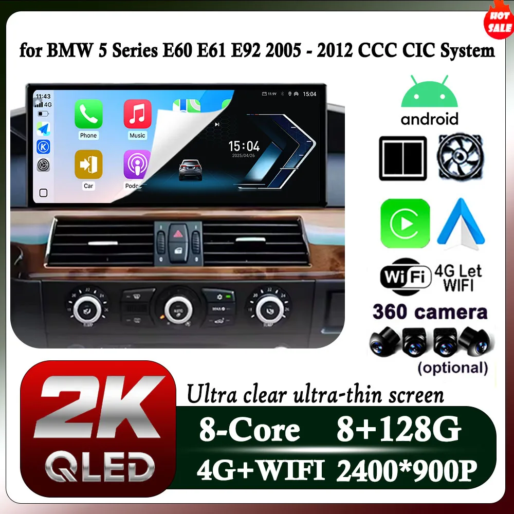 

Car video 12.3” 2400*900 QLED Screen for BMW 5 Series E60 E61 E92 2005 - 2012 CCC CIC System GPS Navi Android 14 Carplay 4G DSP