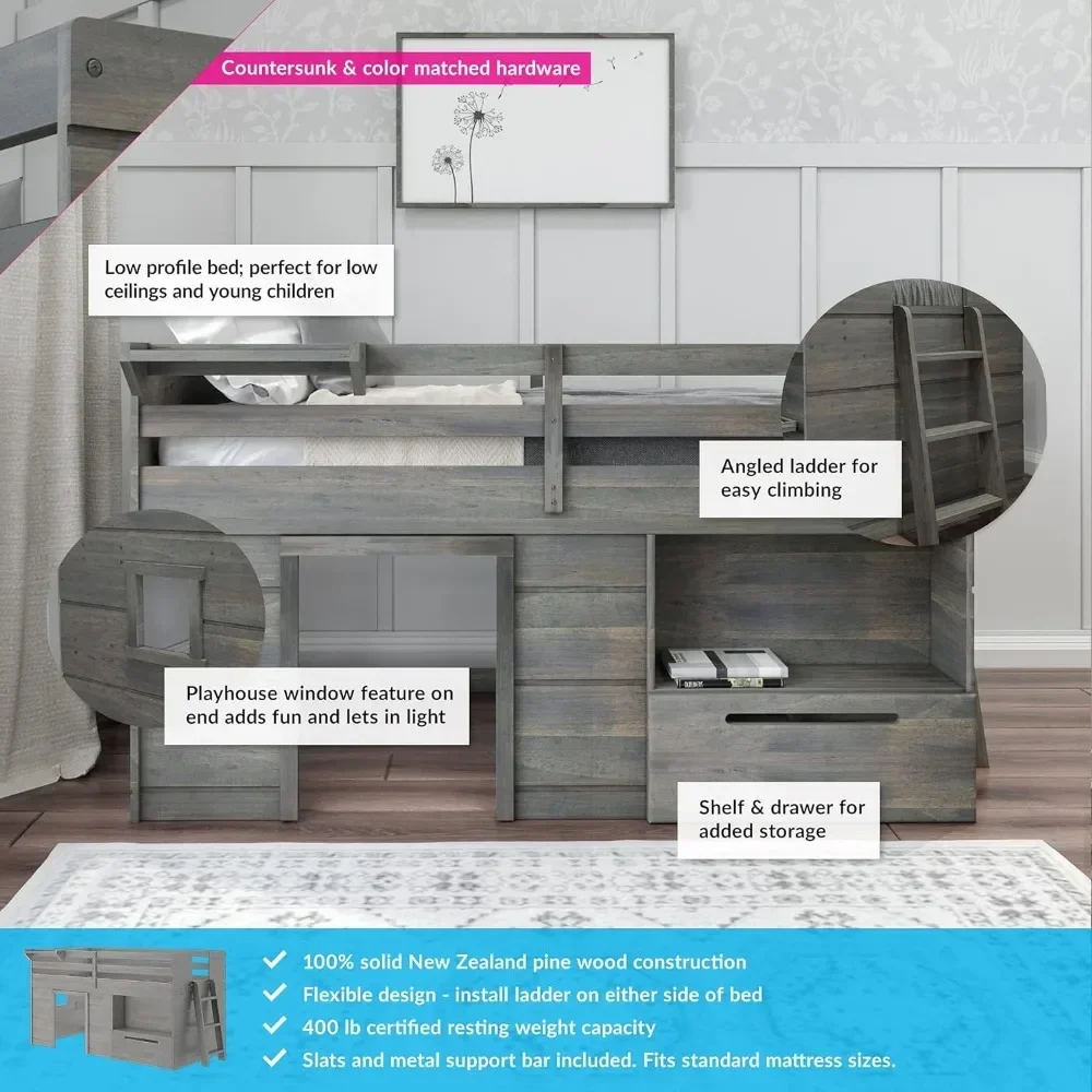 Solid Wood Low Loft Bed With Storage Drawer and Ladder Kids Bed Frame Driftwood Bases & Frames Children Furniture