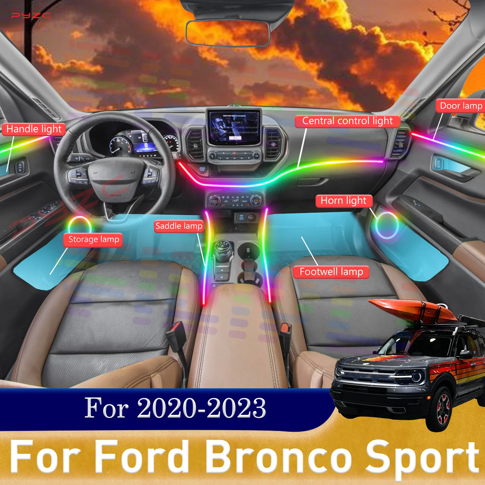 Для Ford Bronco Sport Для салона автомобиля 2020-2023 гг. Набор для быстрой установки RGB 64-цветного светодиодного освещения