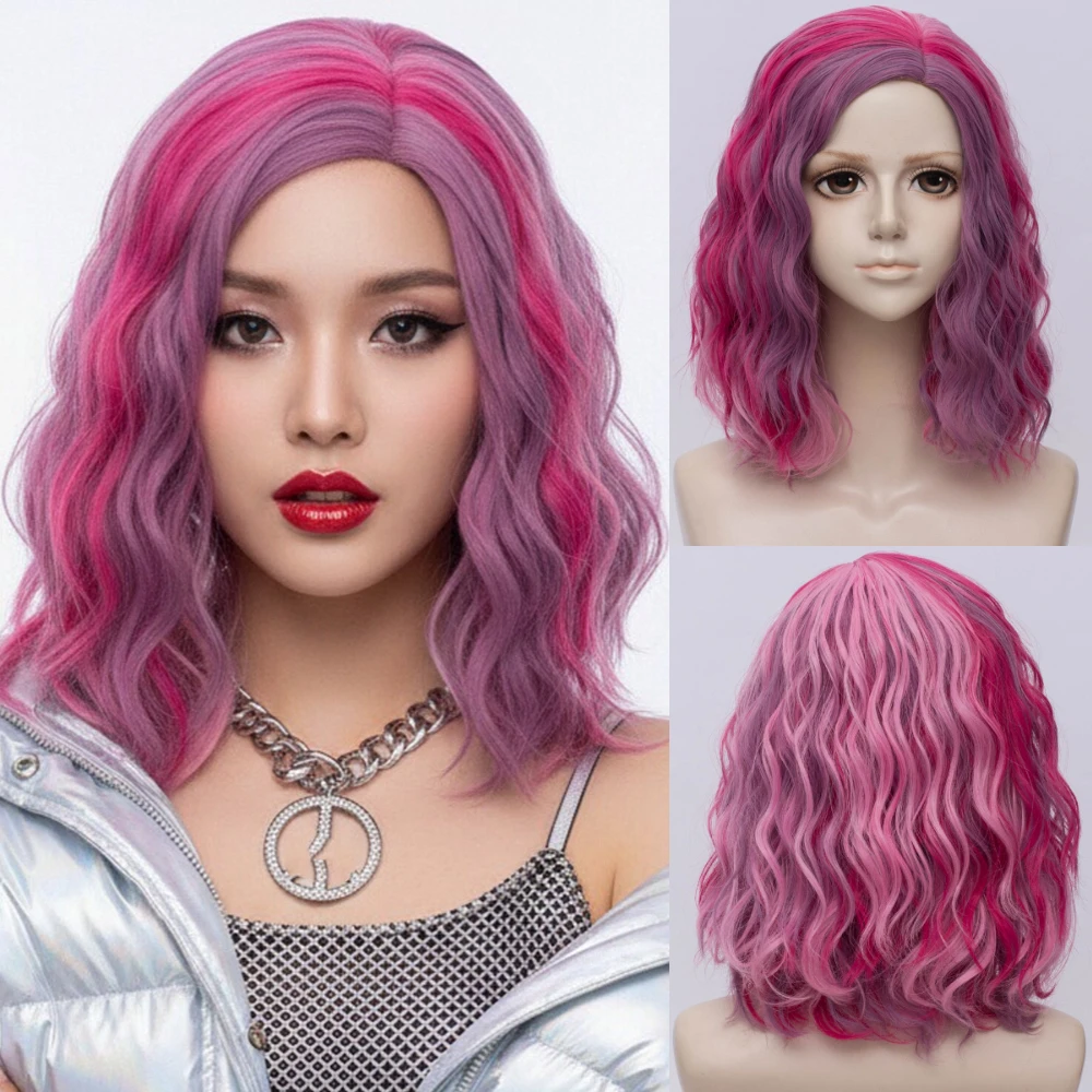 

Синтетический короткий волнистый розовый фиолетовый парик с эффектом омбре, косплей для женщин, вечерние накладные волосы в стиле Лолиты на Хэллоуин, термостойкие