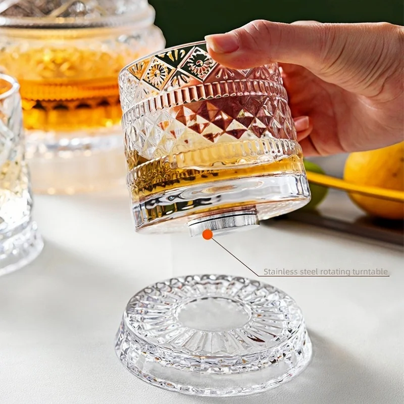 European Crystal-Cut Rotating Decanter & Whiskey Glass Set, Luxury Barware with Creative Design, Elegant Home Gift