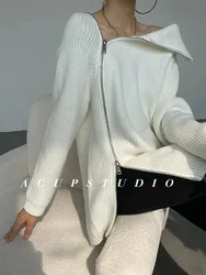 Maglione con cerniera bianca allentata lavorato a maglia a collo alto da donna solido autunno inverno maglione da donna lungo ispessimento moda coreana