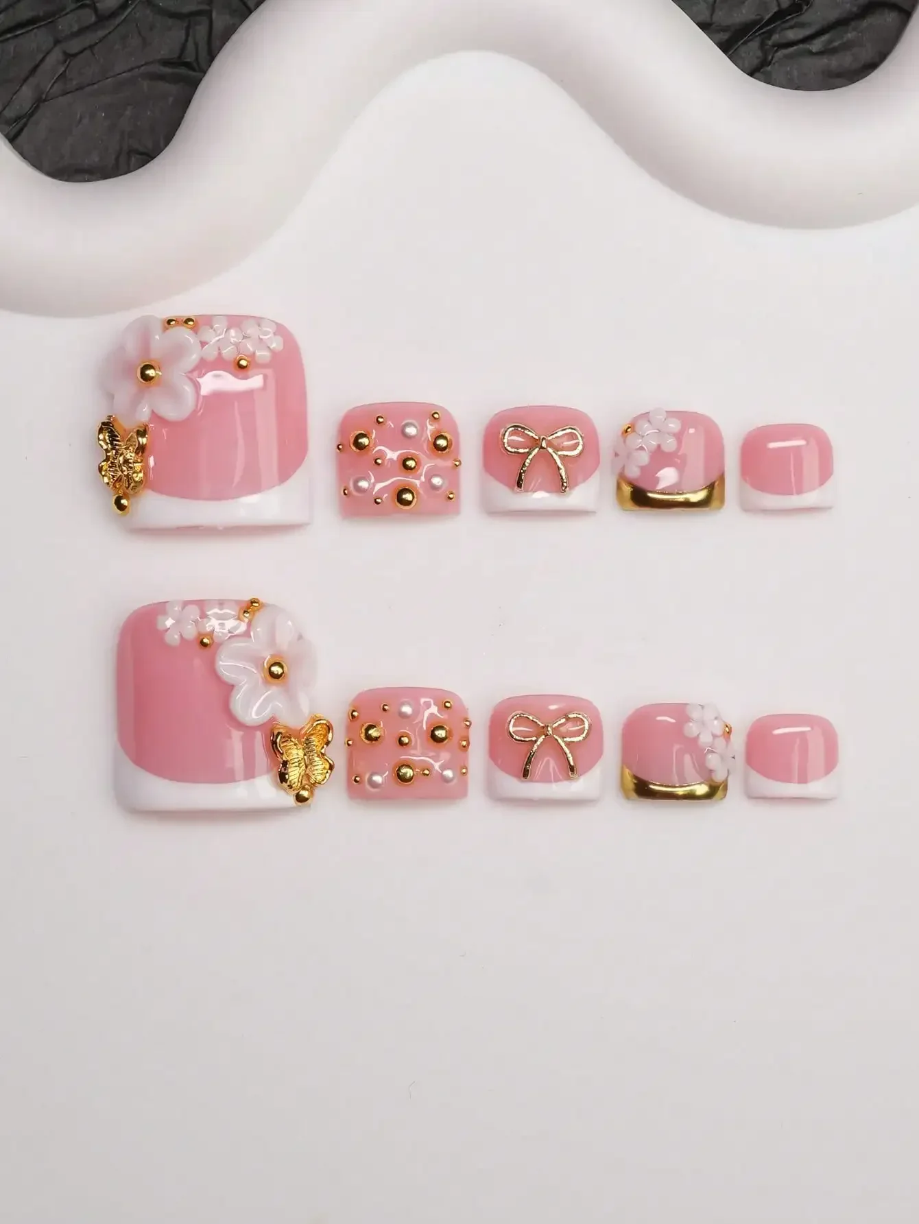 

14pcs/Set Handmade Nail Art Stickers, Y2K Style, Nude, White, Gold Nail Strips With French Tips, Carving, Metal Beads