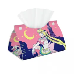 Custom Sailors Moon Girl Facial Tissue Box Cover Rectangular Tokyo City Lights PU Leather Tissue Box Holder for Car Bathroom