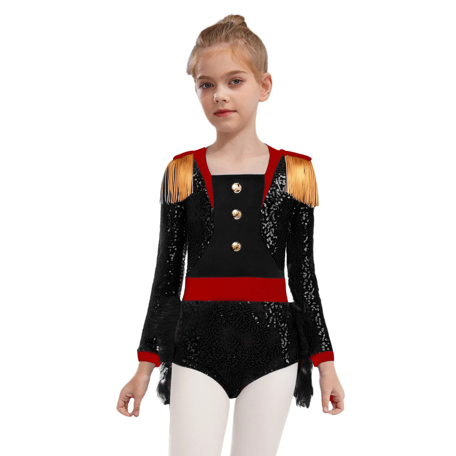 

Girls Circus Sequins Costumes Bodysuit Shoulder Tassels Long Sleeve Feathered Jumpsuit for Teen Halloween Cosplay Party Costumes