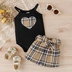 PatPat 2pcs Baby Girl Heart Embroidered Cami Romper and Plaid Belted Shorts Set Soft and Comfortable  Perfect for Outings