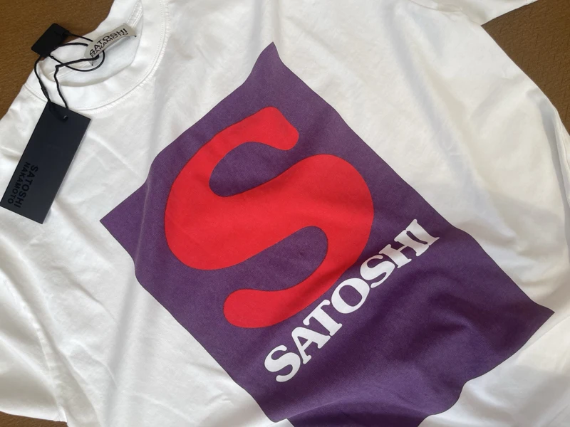 Summer Men Women Street Oversized SATOSHI Tshirts Square Box Alphabet Logo Print Vinatge Washed Round Neck Short Sleeve Tops