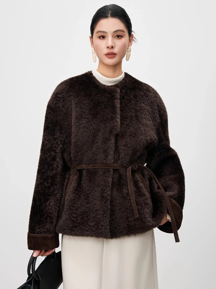 

High-end Luxury Lacon Lamb Fur Plush Jackets for Women 2026 Simple Elegant O-neck Winter Genuine Leather Real Fur Coat with Belt