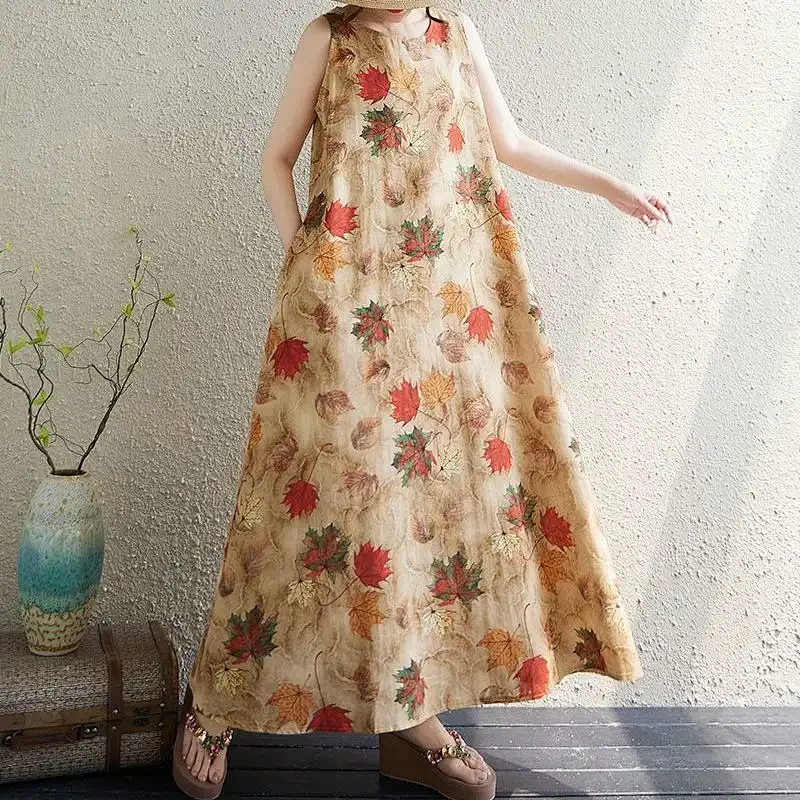 Women Vintage Maple Leaf Print Sleeveless Loose Linen Maxi Dress Round Neck Big Swing Dress