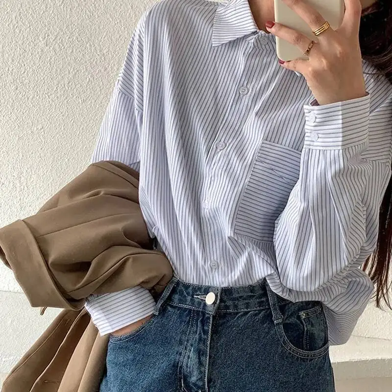 

Женские офисные женские полосатые рубашки, осень 2023, новые женские синие полосатые рубашки, верхняя одежда, дизайнерские рубашки с длинными рукавами